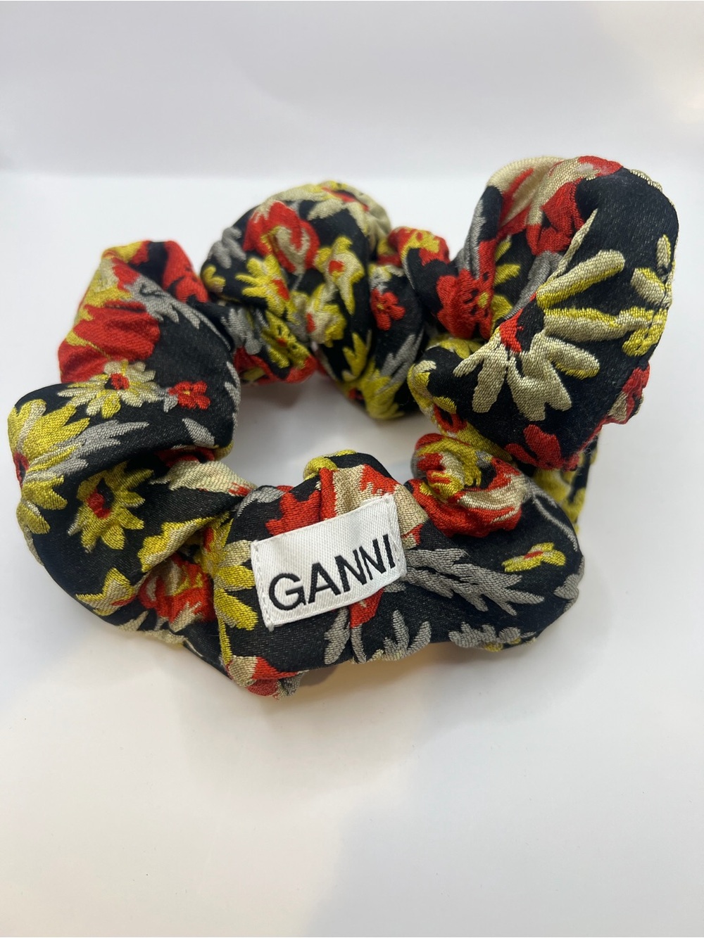 Ganni Black Floral Scrunchie with Red and Yellow Blooms